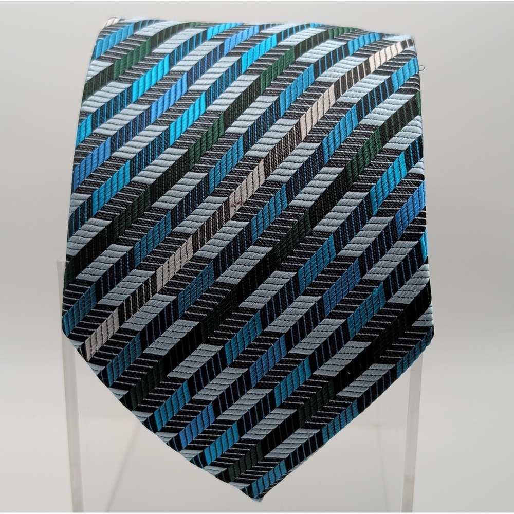Giorgio Armani Silk Geometric Necktie Blue Black Silver Made in Italy Mens Tie
